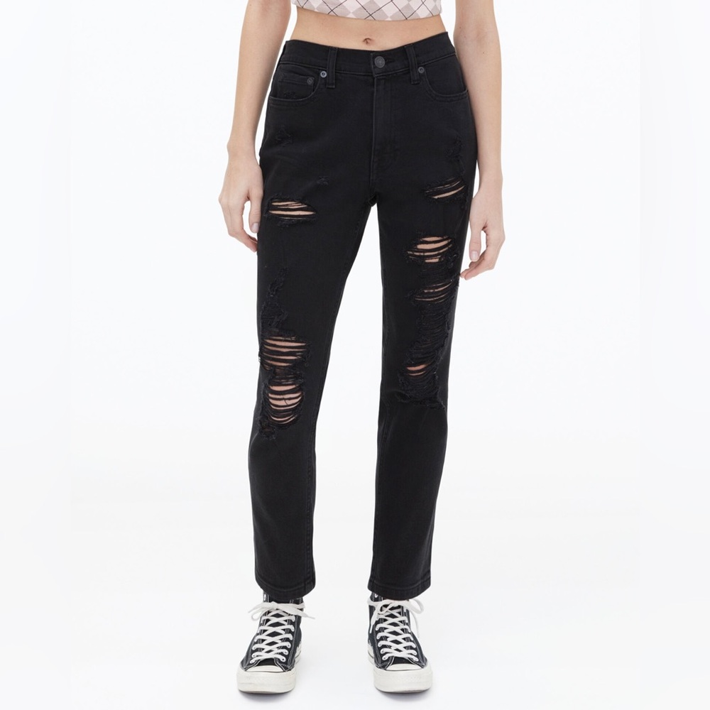 Aeropostale | Black High Waist Heavy Distressed Stretchy Mom Jeans, Size 6R